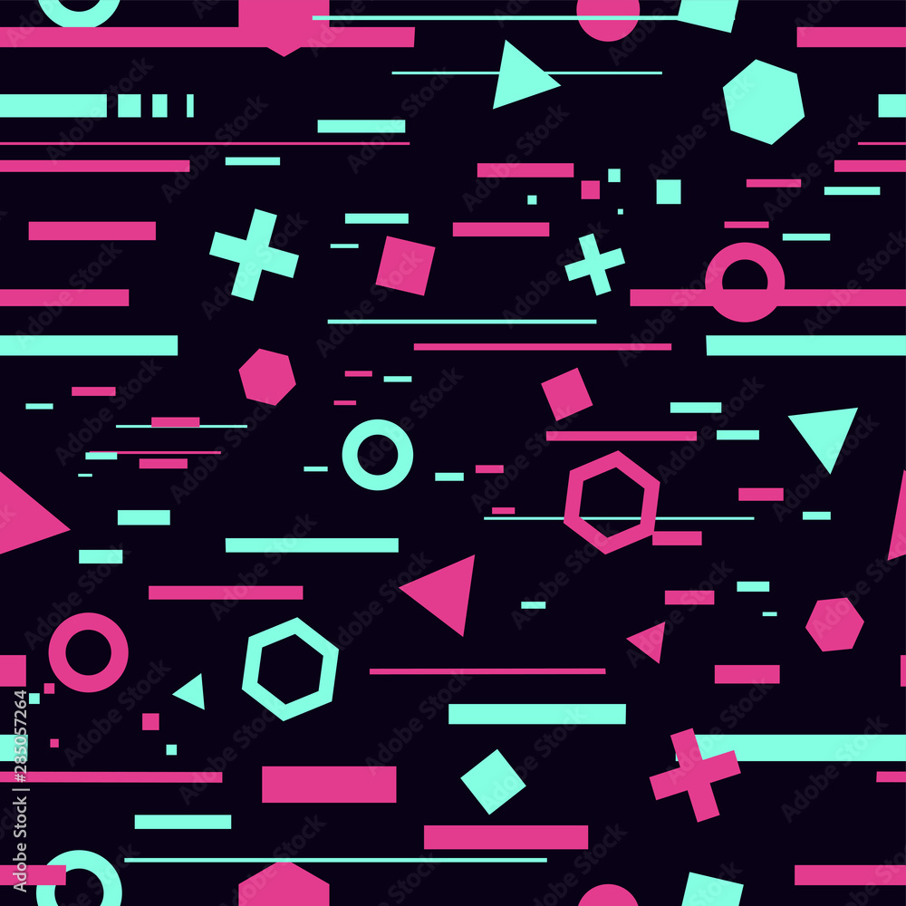 Vector seamless pattern with glitch effect. Trendy memphis texture with abstract shape. Cyberpunk futuristic decor.