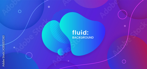 Fresh liquid geometric shape creative logo badge on dynamic cold color fluid composition background. Trendy modern water bubble gradient for social media post banner template vector illustration.