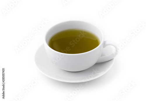 Hot green tea in cup on white background