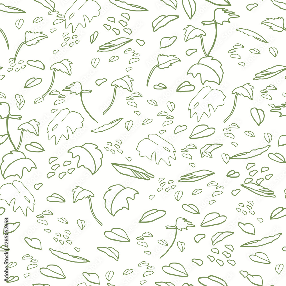 Modern exotic jungle leaf pattern. Scattered botanical leaf, line art doodle style, in pastel green tones. Perfect for packaging design, home decor, fabric wallpaper and stationary. Modern exotic jungle leaf pattern. Scattered botanical leaf, line art doodle style, in pastel green tones. Perfect for packaging design, home decor, fabric wallpaper and stationary.