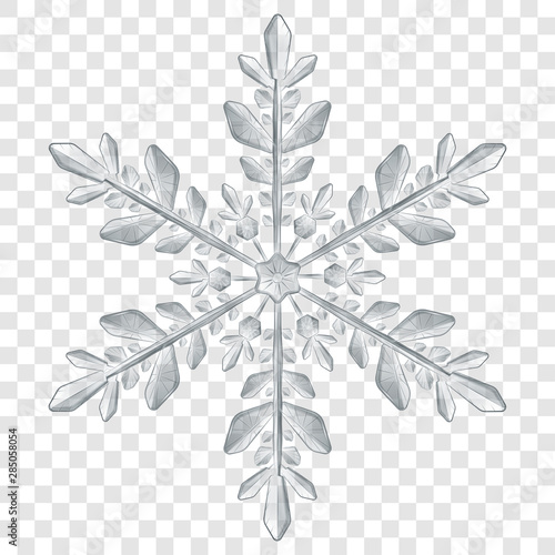 Big complex translucent Christmas snowflake in gray colors for use on light background. Transparency only in vector format