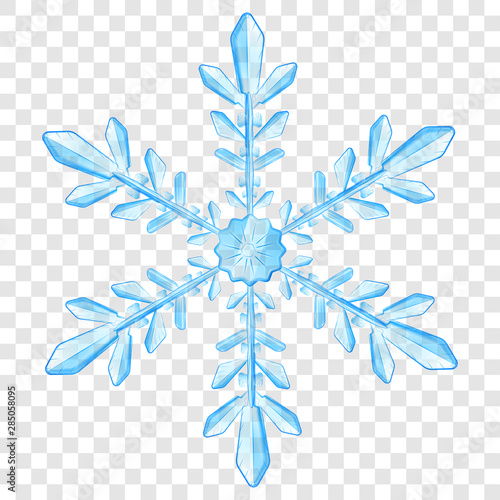 Big complex translucent Christmas snowflake in light blue colors for use on light background. Transparency only in vector format