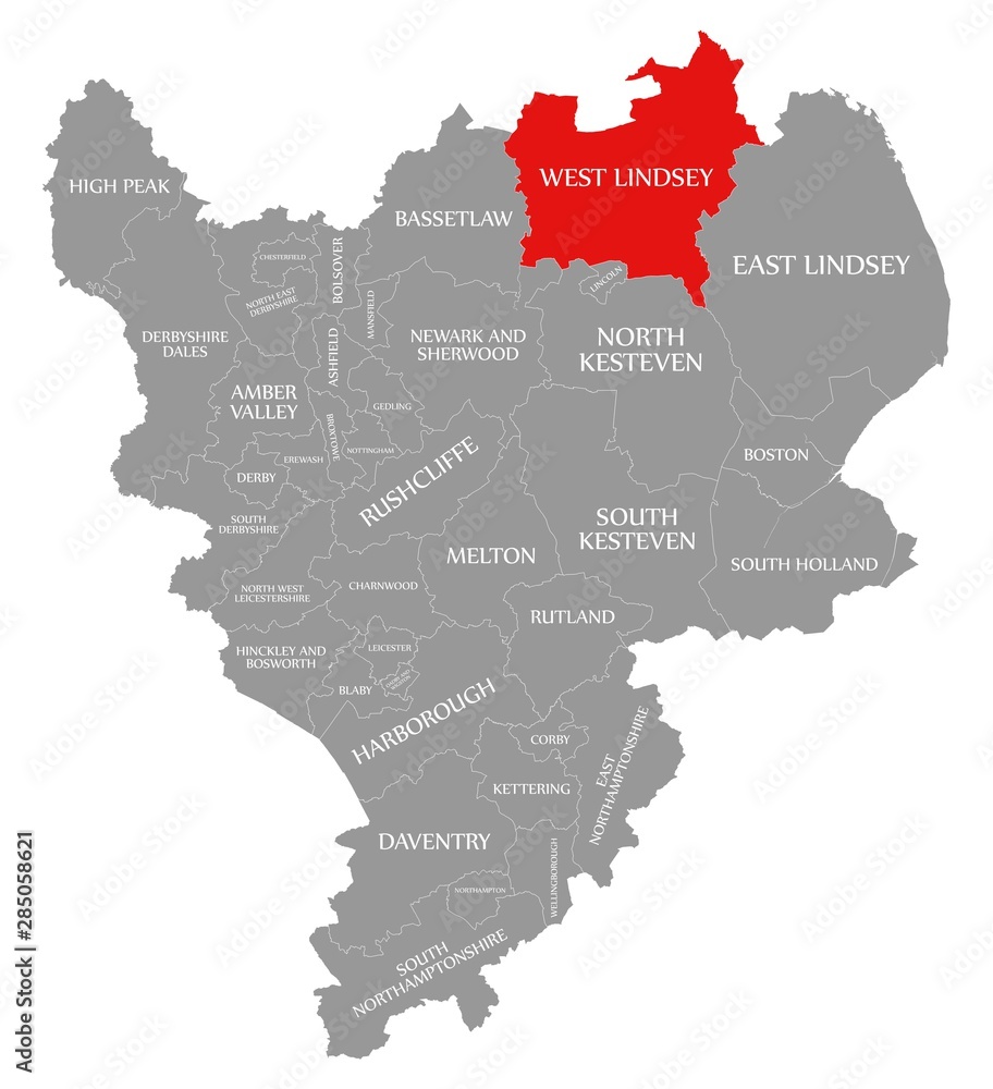West Lindsey red highlighted in map of East Midlands England UK