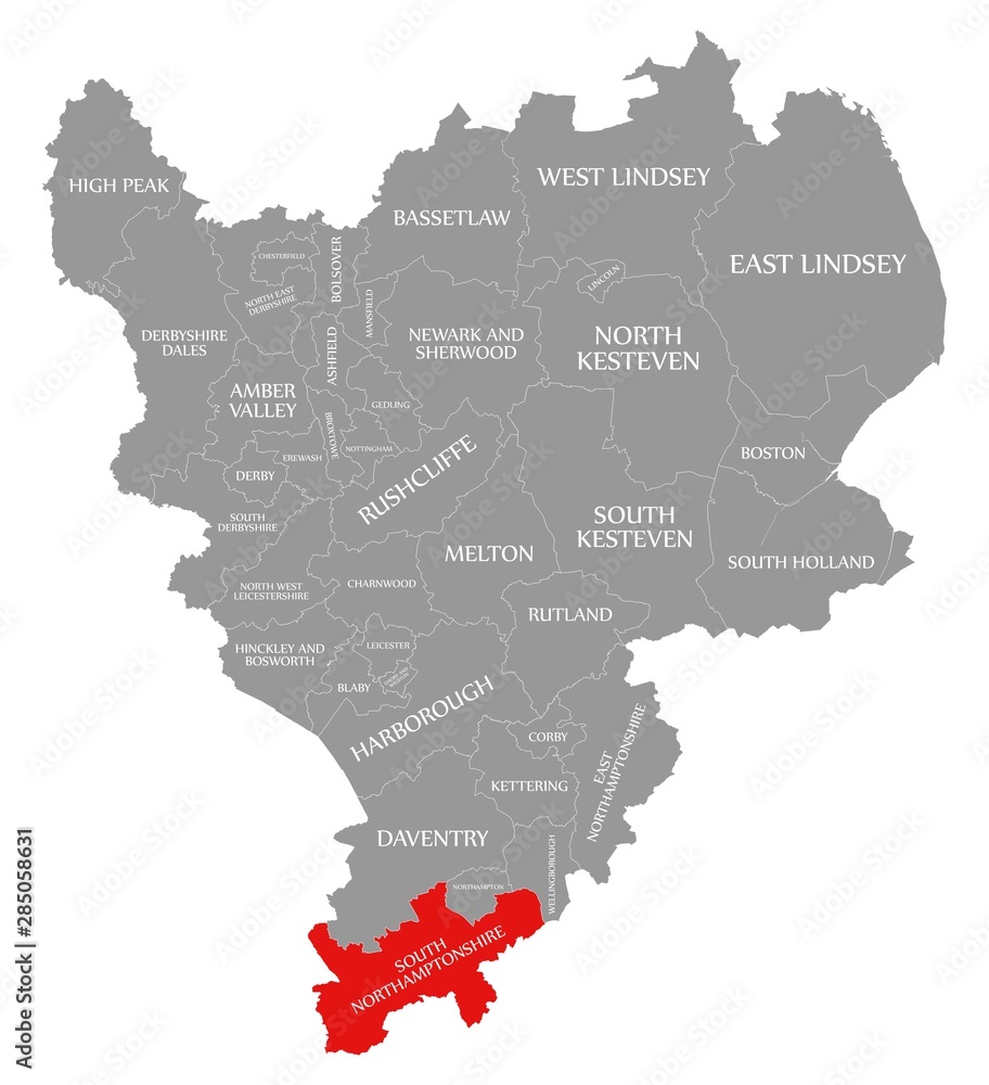South Northamptonshire red highlighted in map of East Midlands England UK