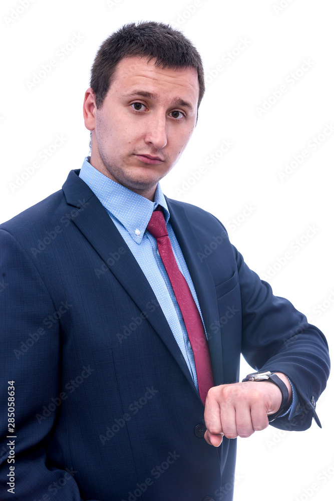Portrait of businessman looking at watch isolated on white Portrait of businessman looking at watch isolated on white