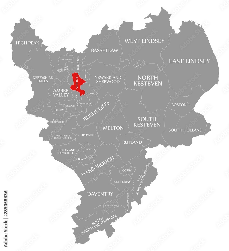 Ashfield red highlighted in map of East Midlands England UK