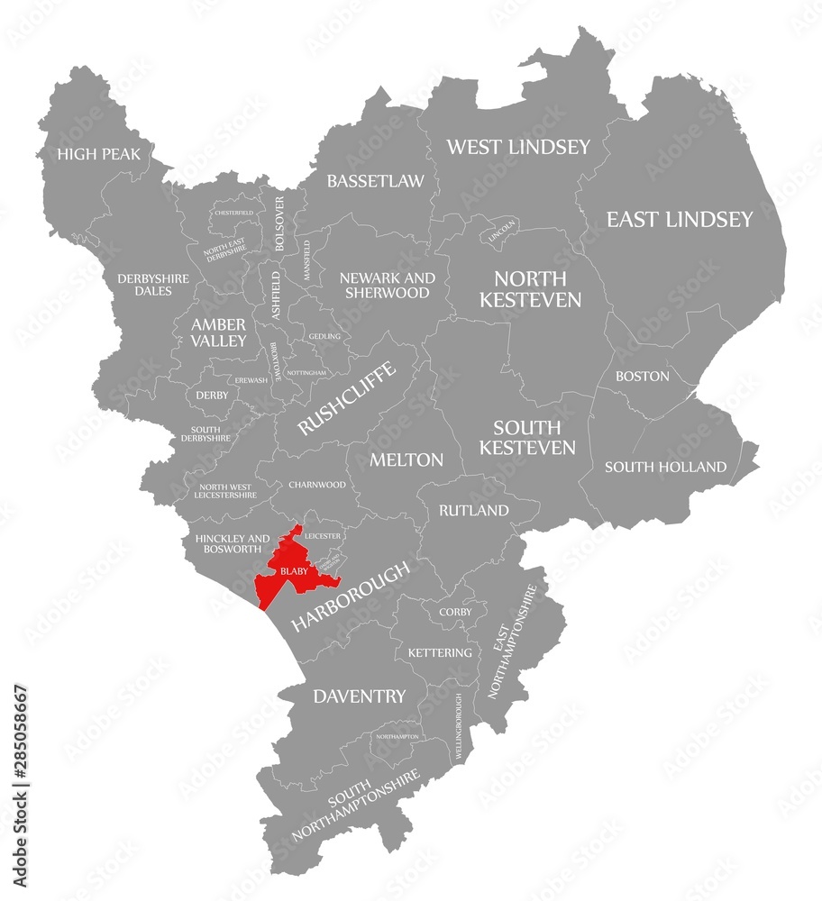 Blaby red highlighted in map of East Midlands England UK
