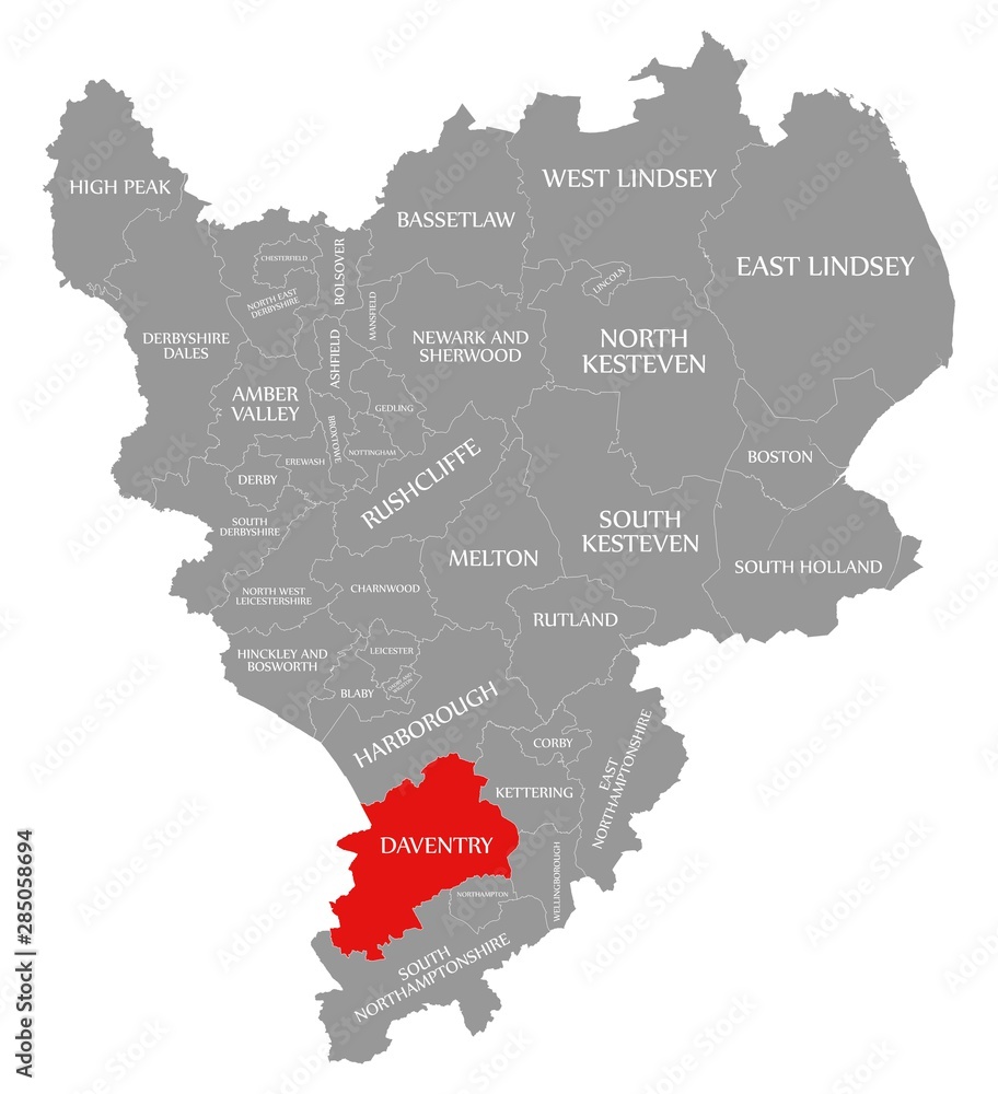 Daventry red highlighted in map of East Midlands England UK