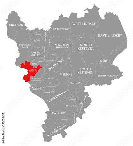 South Derbyshire red highlighted in map of East Midlands England UK
