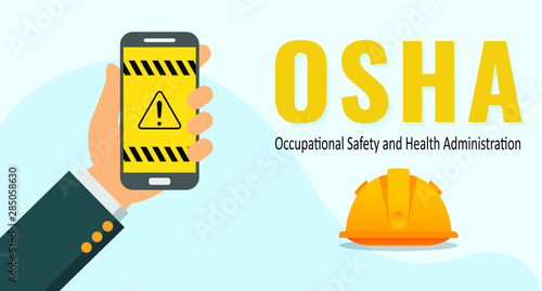Vector illustration of hand holding a smartphone with OSHA application. OSHA stand for Occupational Safety and Health Administration