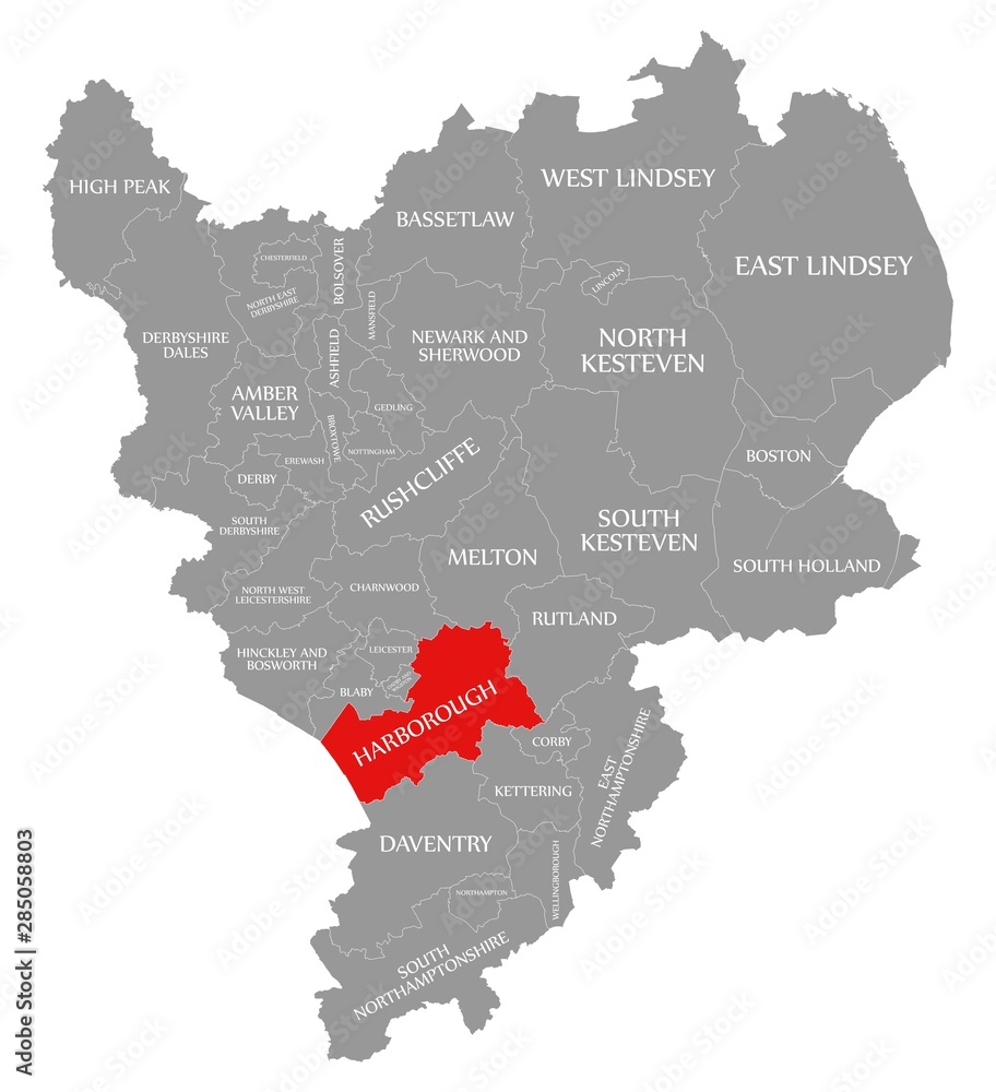 Harborough red highlighted in map of East Midlands England UK