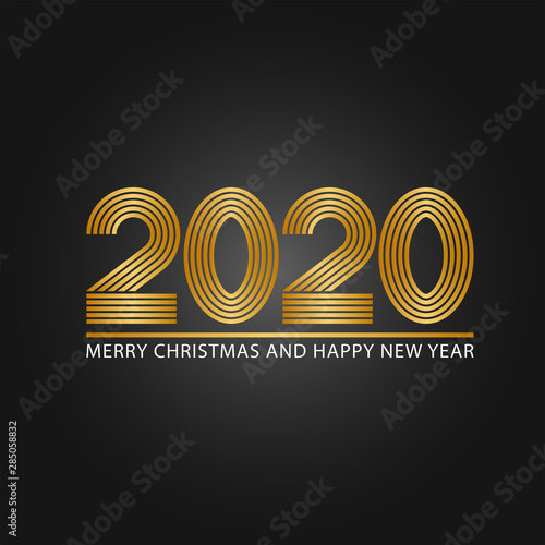 2020 golden number logo monogram, parallel line style, merry christmas and happy new year congratulatory text