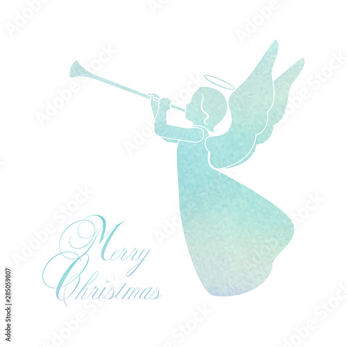 Merry Christmas card with angel and trumpet