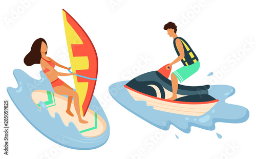 Water bike and girl surfboarder isolated summer sport recreations. Vector beach activities, man and woman isolated surfer on board, sea or ocean water splashes. Flat cartoon. Summertime activity