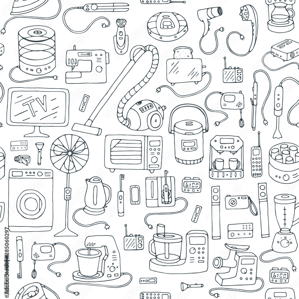 Seamless pattern. Household appliances doodle hand-drawn style. 