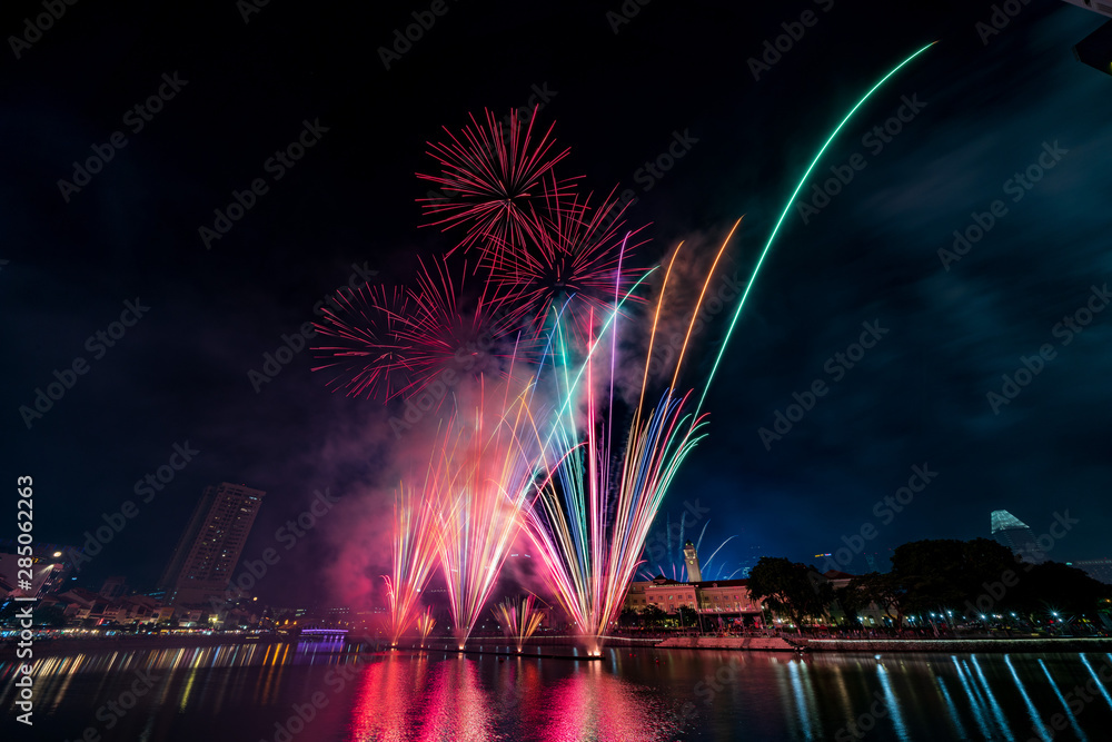 Fireworks at the riverside - Singapore National day Fireworks at the riverside - Singapore National day