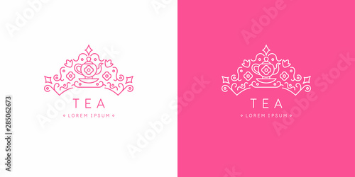 Original linear image of the crown. Isolated vector emblem. Illustration in simple flat style. Sign for tea company.