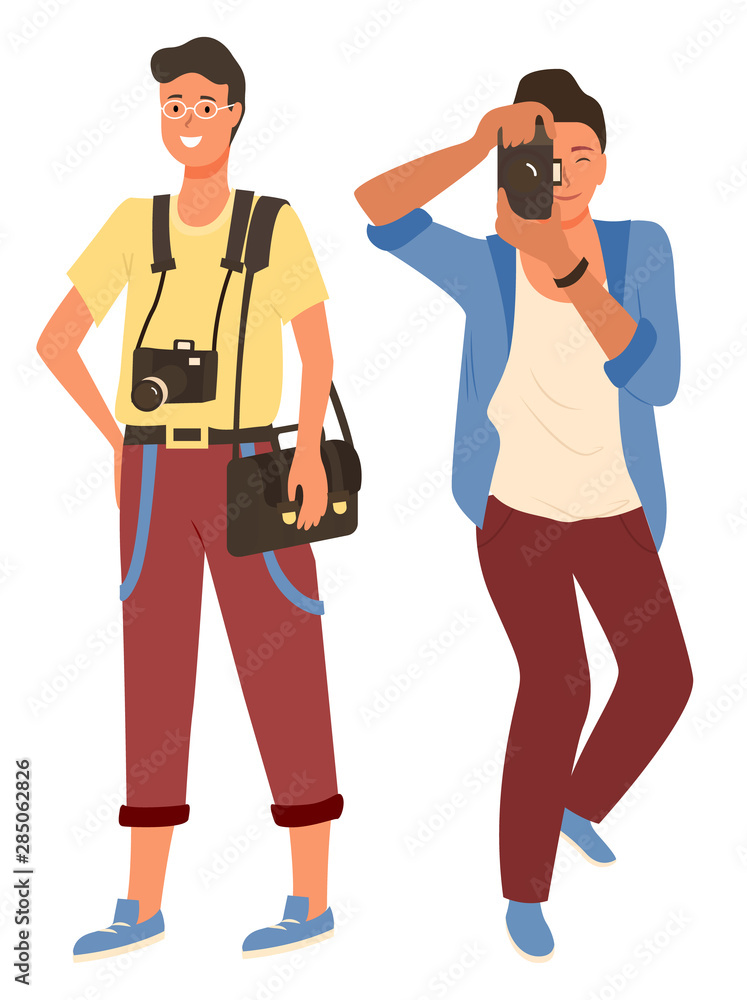 Smiling man and woman character photographing, people in casual clothes shooting. Photographers male and female focusing lens and do photo, paparazzi equipment vector Smiling man and woman character photographing, people in casual clothes shooting. Photographers male and female focusing lens and do photo, paparazzi equipment vector