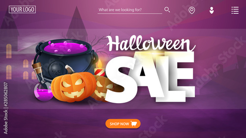Halloween sale, template the main page of the web site with the discount banner, witch's pot and pumpkin Jack