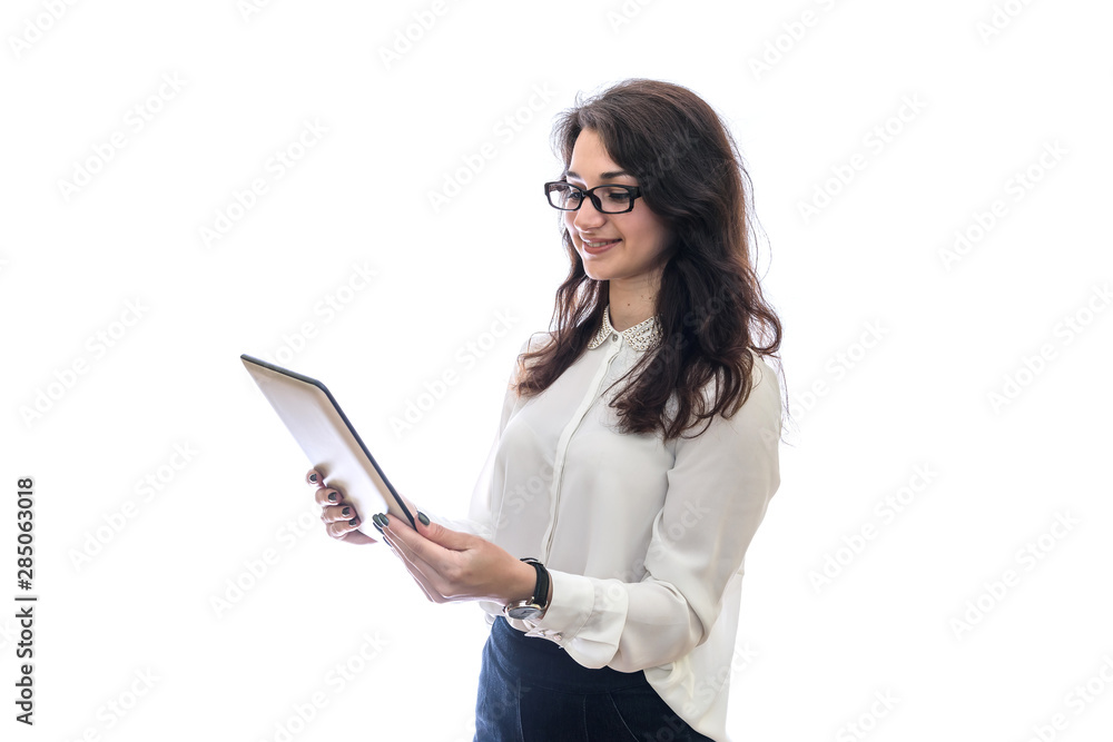 Businesswoman in glasses working with tablet isolated on white Businesswoman in glasses working with tablet isolated on white