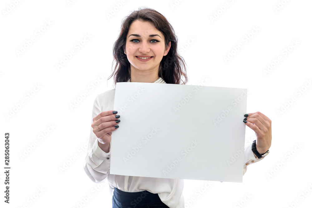 Woman with sheet of paper isolated on white Woman with sheet of paper isolated on white