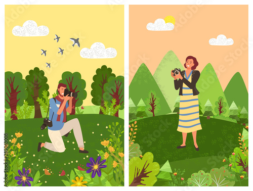 People tourist or paparazzi making professional shoots on photo camera in forest with trees and flowers. Vector man shooting birds in sky on photocamera