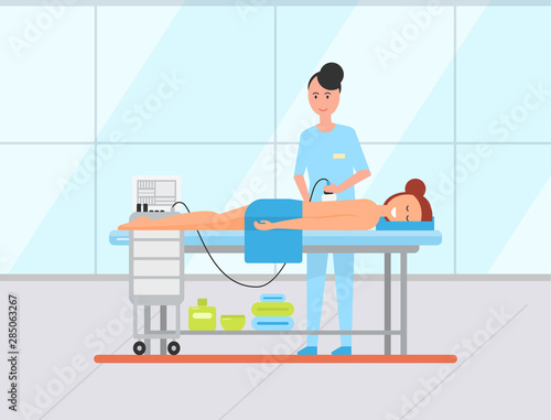 Ultrasound cavitation body contouring treatment. Woman getting anti-cellulite and anti-fat therapy in beauty salon. Hardware cosmetology, health care. Flat cartoon