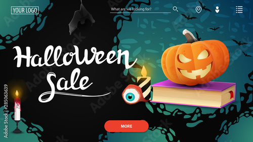 Halloween sale, template the main page of the web site with the discount banner, spell book and pumpkin Jack