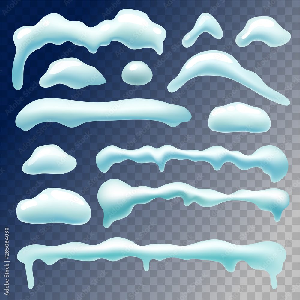 Set of snowball, snow caps, icicles and snowdrift. Vector winter elements isolated on transparent background. 