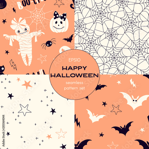 Happy halloween cartoon vector seamless pattern set. Flying bats, bandaged mummy, cobweb, starry sky backgrounds pack. Autumn holiday decorative textile, wallpaper, wrapping paper design