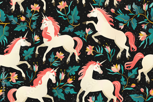 Unicorns on a dark background with a fairy forest. Seamless pattern.