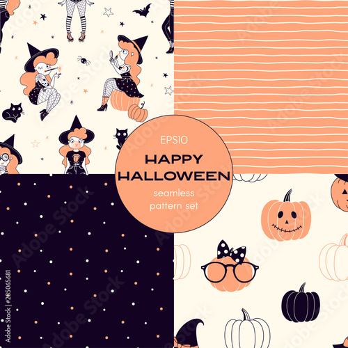 Happy halloween cartoon vector seamless pattern set. Sexy witch, pumpkin, starry night sky, stripes backgrounds pack. All hallows eve holiday decorative textile, wallpaper, wrapping paper design