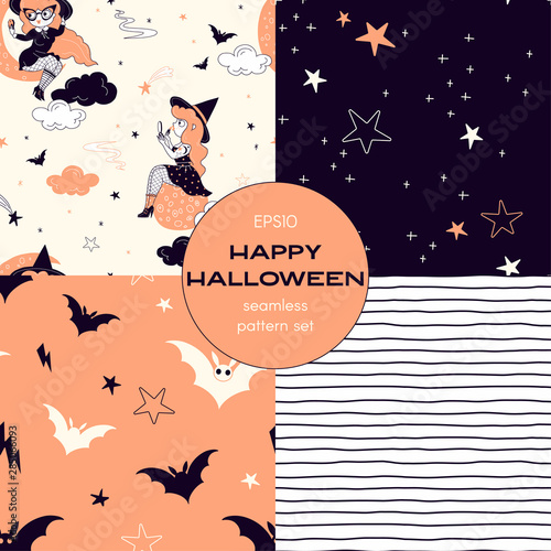 October night cartoon vector seamless pattern set. Flying bats, midnight starry sky, pinup witch, stripes backgrounds pack. Halloween celebration decorative textile, wallpaper, wrapping paper design