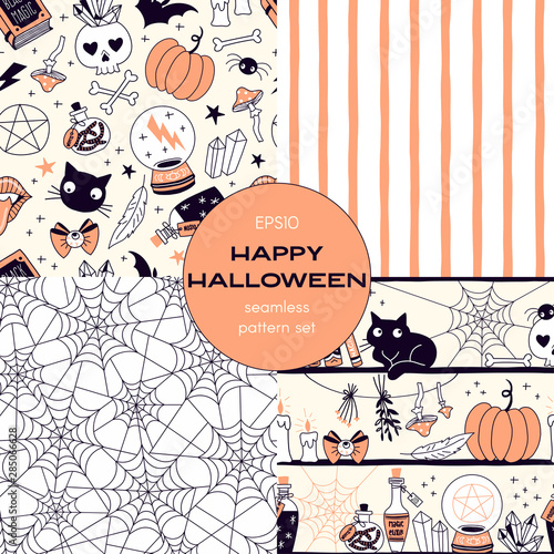 Witchy stuff cartoon vector seamless pattern set. Cobweb, crystal ball, black cat, pumpkin, vertical stripes backgrounds pack. Witch power decorative textile, wallpaper, wrapping paper design