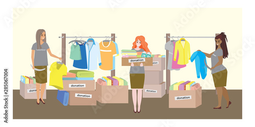 Donated clothing boxes. Women volunteers disassemble clothes. Men's and women's clothing on hangers and in boxes. Vector.