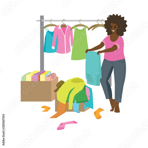 Donated boxes clothes. Women fold clothes. Men's and women's clothing on hangers and in boxes. Vector.