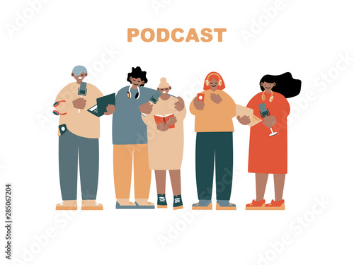 A group of black people - men and women with headphones, microphones and laptops record and listen to podcasts. Flat vector illustration