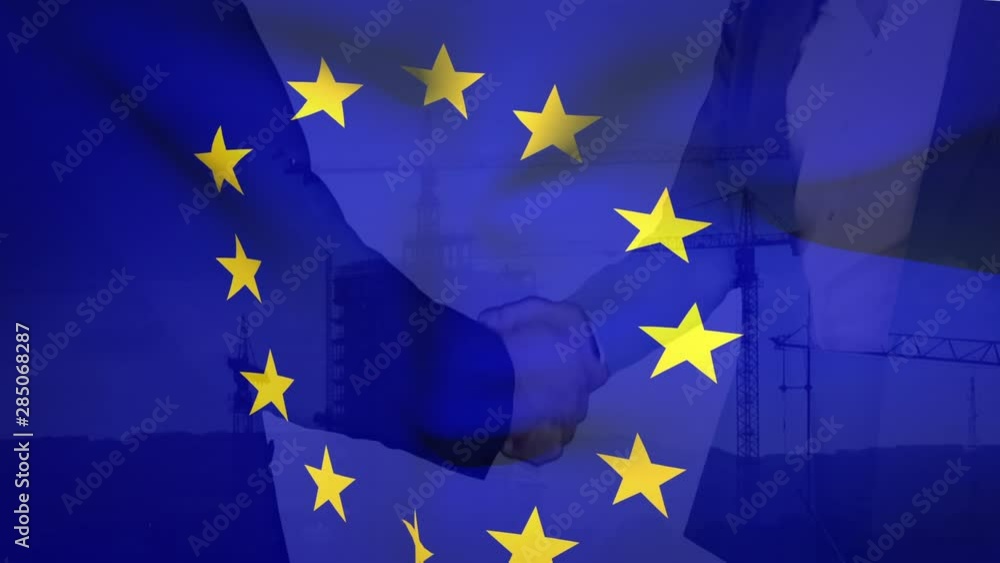 EU flag with businessmen shaking hands in the background EU flag with businessmen shaking hands in the background