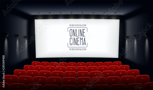 Empty movie theatre. Cinema hall with white screen and red chairs. Modern movies theater for festivals and films presentation. Interior design. Online cinema concept. Vector illustration.