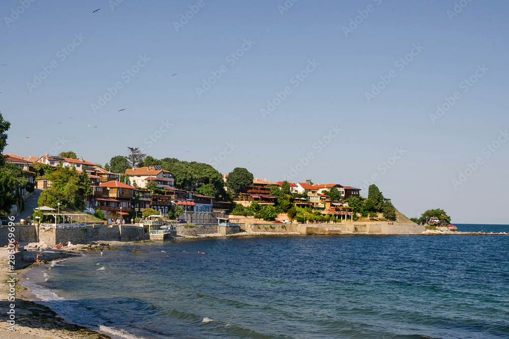 NESSEBAR, BULGARIA - July 20 2019: Houses of the town of Nessebar near the sea.