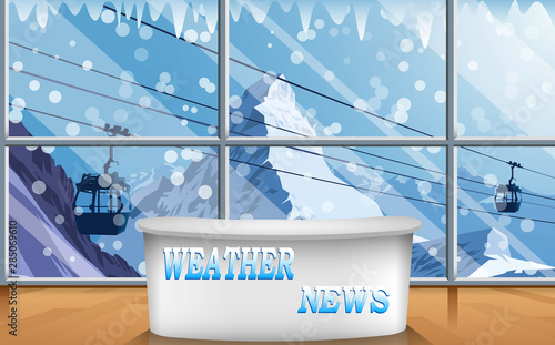 weater news studio room with the snow fall at the mountain background