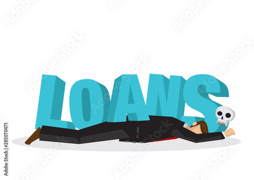 Businessman attacks, fall and collapse by giant lettering “Loans”. Concept of crisis, corporate sabotage or company misfortune.