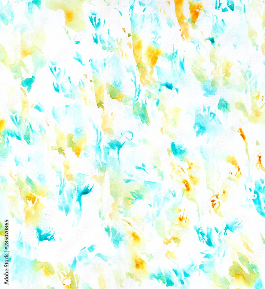 Colorful watercolor smudges brush painted isolated spot on white background. Abstract hand drawn blue yellow orange illustration. Artistic paper texture design element