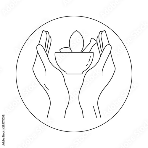 Hands holding an Ayurvedic medicine bowl. Line art on white background.