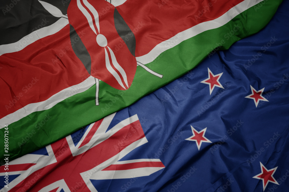 waving colorful flag of new zealand and national flag of kenya. waving colorful flag of new zealand and national flag of kenya.