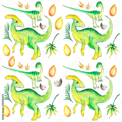 watercolor illustration dinosaurs pattern ancient world set tropics 