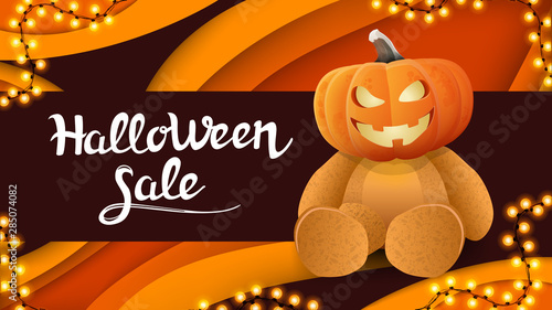 Halloween sale, horizontal orange discount banner in paper cut style with Teddy bear with Jack pumpkin head