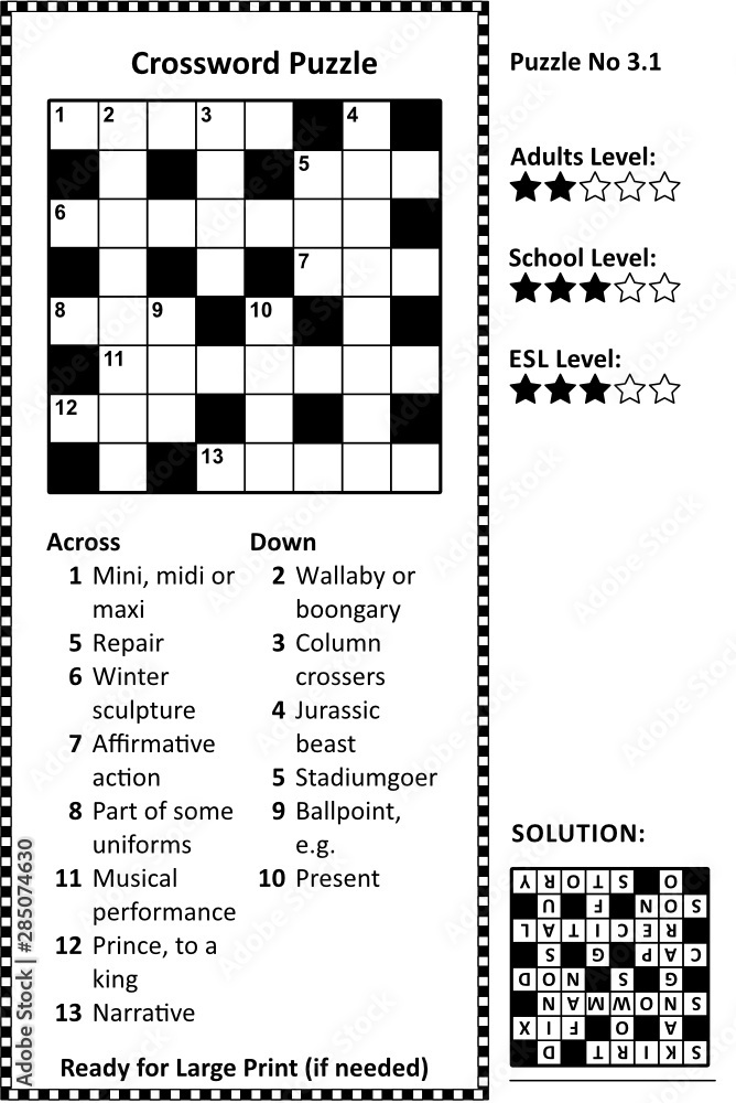 crossword puzzle grid clues and solution classic quick family friendly easy to medium difficulty level stock vector adobe stock