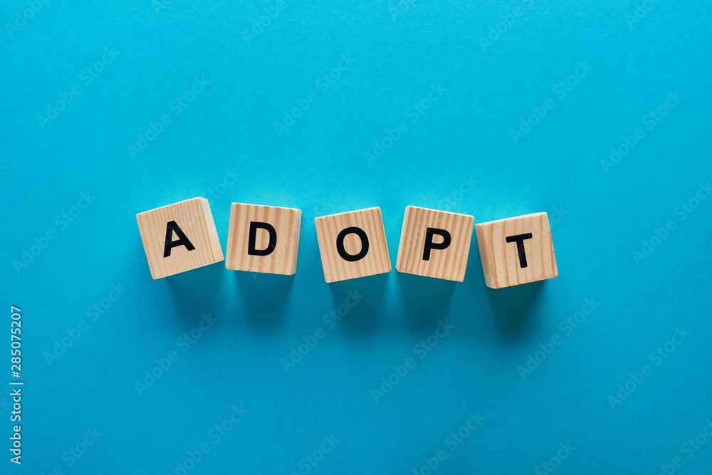 Obraz premium widok z góry przyjęcia słowa z drewnianych kostek na niebieskim tle