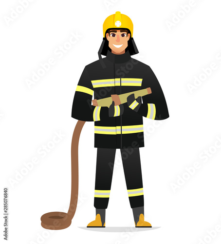 Smiling Firefighter, man from fire brigade, standing full face in form of fireman, with personal protective equipment, bunker or turnout gear. Vector illustration